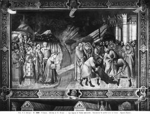 Königin von Saba verehrt das Kreuz und Salomo begräbt einen der Balken des Kreuzes