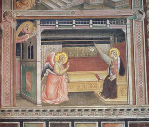 Die Verkündigung (Detail) aus dem Zyklus Das Leben der Jungfrau und der Heiligen Gürtel, aus der Cappella della Sacra Cintola von Agnolo Gaddi