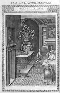Brunnen mit singenden künstlichen Vögeln. Dies ist ein Projekt von Agostino Ramelli, gemäß „Diverse und Artificiosis Machine“. Mailand 1600.