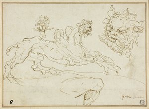 Vier Skizzen: Greif, Grotesker Kopf, Kopf eines Satyrs, Gebogenes Bein von Agostino Carracci
