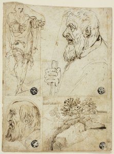 Vier Skizzen: Stehende männliche Figur; Profilbüste eines bärtigen Mannes; Profilkopf eines bärtigen Mannes; Landschaft