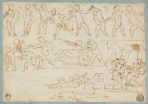 Fries von Putti, Skizze von Lot und seinen Töchtern, Skizze von Gebäuden von Agostino Carracci