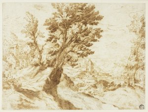 Hügelige Landschaft mit Stadt in der Ferne