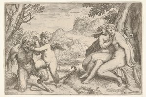 Die Liebe besiegt alles Omnia vincit Amor, im Kampf mit einem Satyr von Agostino Carracci