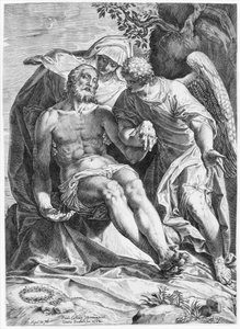Pieta, Christus unterstützt von der Jungfrau und einem Engel rechts, 1582 von Agostino Carracci