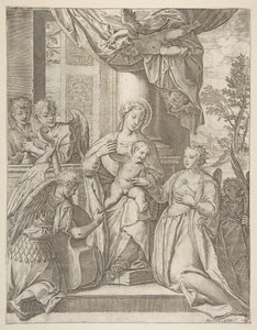 Die mystische Hochzeit der Heiligen Katharina, die in der Mitte mit dem Christuskind sitzt, Engel mit..., 1585