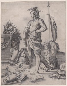 Ein junger Held nahe einem Altar, ca. 1514-1536 von Agostino Veneziano