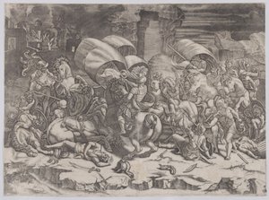 Kampf mit einem Krummsäbel, 1530-31 von Agostino Veneziano