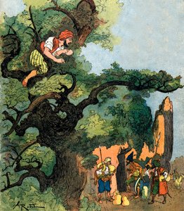 Ali Baba belauscht eine Gruppe von vierzig Dieben, die ihren Schatz besuchen. Illustration von Albert Robida für Ali Baba und die vierzig Räuber von Albert (after) Robida