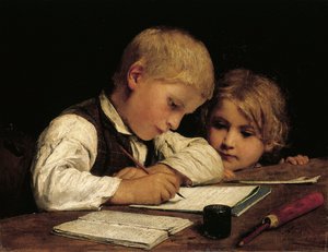 Junge schreibt mit seiner Schwester, 1875