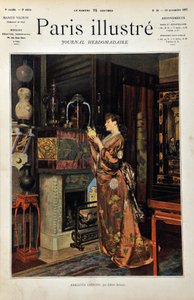 Chinesische Schmuckstücke. Eine europäische Frau, gekleidet im orientalischen Stil, betrachtet ihre Sammlung chinesischer Objekte. Illustration von Albert Aublet (1851-1938). Gravur von 1887 in „Paris-Illustrous journal weekly“. von Albert Aublet