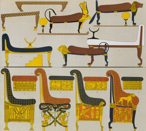 Alte ägyptische Möbel, Lithografie von Spiegel, aus Le Costume Historique, Bd. II, von Auguste Racinet von Albert Charles August Racinet