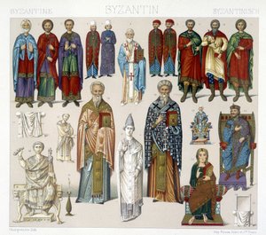 Byzantinische Kostüme. Illustration in „The historical costume“ von Racinet von Albert Charles August Racinet