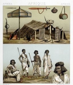 Lager und traditionelle Kleidung aus Nubien. Illustration in „Le costume historique“ von Racinet von Albert Charles August Racinet