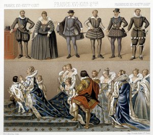 Kostüme von Königin Marguerite von Frankreich (unten) und Heinrich IV. (oben) im 17. und 18. Jahrhundert. Illustration in „Le costume historique“ von Racinet