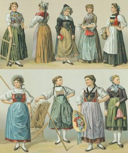 Kostüme der Kantone, Illustration aus Die vollständige Kostümgeschichte von Racinet Auguste von Albert Charles August Racinet