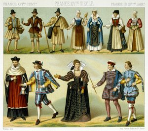 Kostüme des Adels und Volkstrachten Frankreichs im 16. Jahrhundert. Chromolithographische Platte - in „Le costume historique“ von Racinet