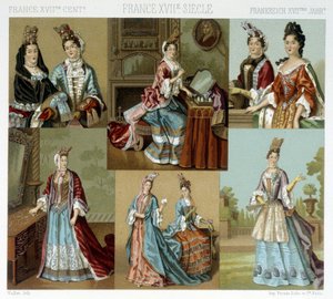 Mode und Frisuren in Frankreich im 18. Jahrhundert - in „Le costume historique“ von Racinet, späte 19. Jahrhundert von Albert Charles August Racinet