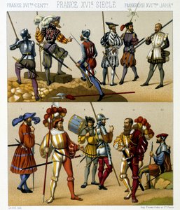 Französische Militärkostüme im 16. Jahrhundert. Chromolithographische Platte - in „Le costume historique“ von Racinet von Albert Charles August Racinet