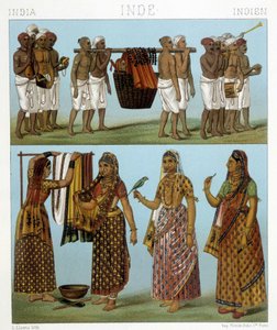 Beerdigung (oben im Bild) und Wäsche (unten im Bild) in Indien. Illustration in „Le costume historique“ von Racinet