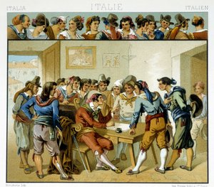 Gruppe von Italienern um einen Schriftsteller, dargestellt in den populären römischen Kostümen des 19. Jahrhunderts. Chromolithographische Platte - in „Le costume historique“ von Racinet von Albert Charles August Racinet