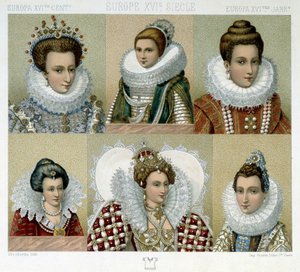 Frisuren in Frankreich im 16. Jahrhundert (und Porträt von Marie de Medici) - in „Le costume historique“ von Racinet, Ende des 19. Jahrhunderts von Albert Charles August Racinet