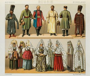 Historische Tracht des russischen Volkes, Illustration aus The Complete Costume History von Racinet Auguste von Albert Charles August Racinet