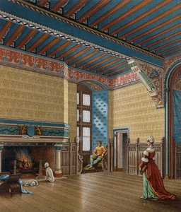 Innenraum eines französischen Wohnhauses aus dem 15. Jahrhundert, Lithographie von Charpentier aus Le Costume historique