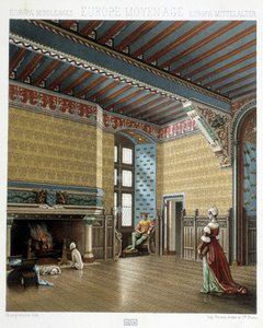Innenraum eines herrschaftlichen Wohnsitzes im Mittelalter - in „The historical costume“ von Racinet von Albert Charles August Racinet