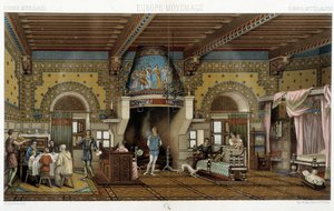 Innenraum eines herrschaftlichen Hauses im Mittelalter - in „The historical costume“ von Racinet