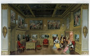 Männer und Frauen in einem reichen Haus des 18. Jahrhunderts. Illustration in „Le costume historique“ von Racinet von Albert Charles August Racinet