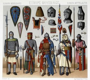 Militärische Kostüme und Helme in Frankreich vom 13. bis 15. Jahrhundert. Illustration in „Le costume historique“ von Racinet von Albert Charles August Racinet