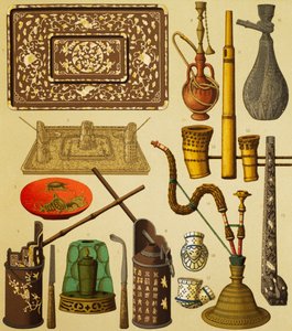 Pfeife und Gegenstände, die von Rauchern verwendet werden, Lithographie von Schmidt aus Die vollständige Kostümgeschichte, erster Band, von Auguste Racinet