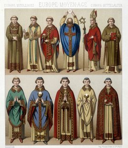 Religiöse Kostüme in Europa im Mittelalter. Illustration in „Le costume historique“ von Racinet von Albert Charles August Racinet