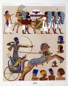 Reproduktion von Fresken des alten Ägypten, darunter Ramses II. auf seinem Wagen - in „Le costume historique“ von Racinet