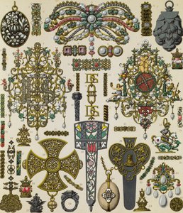Schmuck des 17. Jahrhunderts, Lithographie von Schmidt veröffentlicht in Le costume historique, Band V von Albert Charles August Racinet
