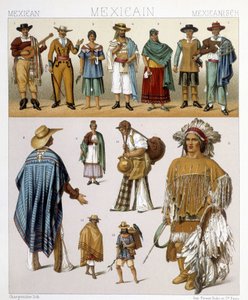 Traditionelle mexikanische Kostüme. Illustration in „Le costume historique“ von Racinet von Albert Charles August Racinet