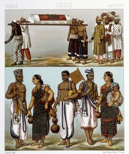 Traditionelle Kostüme von Muslimen (oben im Bild) und Hindus (unten) in Indien. Illustration in „Le costume historique“ von Racinet