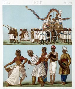 Transport, Musik, Tanz und traditionelle Kostüme Indiens. Illustration in „Le costume historique“ von Racinet von Albert Charles August Racinet