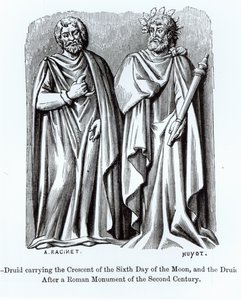Zwei Druiden, einer trägt den Halbmond des sechsten Tages des Mondes, nach einem römischen Denkmal des zweiten Jahrhunderts, Illustration aus Wissenschaft und Literatur im Mittelalter und der Renaissance, geschrieben von Paul Lacroix