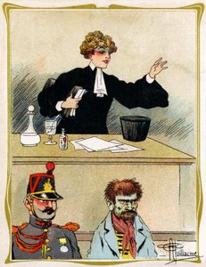 Eine Anwältin mit schönem Gesicht plädiert und verteidigt ihren Mandanten. Werbung, Gravur 1902-1903