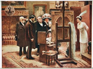 Kunst. Schöne Künste. Maler zeigt sein Werk. Postkarte von Alfred Guillaume, Frankreich, ca. 1920 von Albert Guillaume