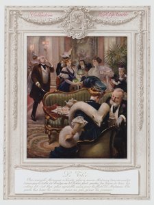 Belle Époque Paris, modische Dame beim Tee (Farblithografie) von Albert Guillaume