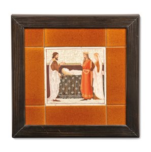 Fliese mit mittelalterlicher Szene bemalt von Albert Joseph (attr.to) Moore