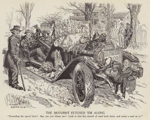 Karikatur, die einen Mann verspottet, der sein Auto über die Geschwindigkeitsbegrenzung hinaus fährt (Lithografie)