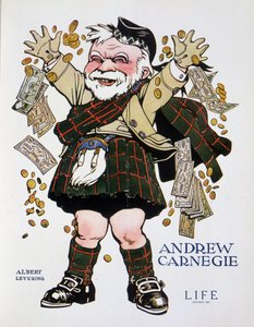 Karikaturporträt von Andrew Carnegie im karierten Anzug und Geld werfend - von Albert Levering (1869-1929), in „Life“ vom 13/04/1905