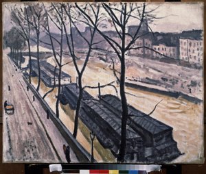 "Paris im Winter, Quai Bourbon" (Paris im Winter. Quai Bourbon) Lastkähne an den Ufern der Seine. Gemälde von Pierre Albert Marquet (1875-1947) 1907 Öl auf Leinwand. Fauvismus. Moskau. Puschkin-Museum der Schönen Künste von Albert Marquet