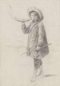 Hirtenjunge, der auf einem Horn bläst