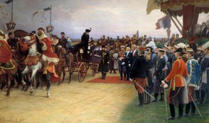 Präsident Emile Loubet (1836-1929) begrüßt Zar Nikolaus II. (1868-1918) und Kaiserin Alexandra am 21.09.1901 im Betheny-Lager