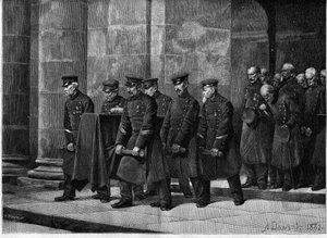 Das Begräbnis eines Behinderten. Französische Soldaten tragen den Sarg eines Soldaten während seiner Beerdigung in der Kirche der Soldaten (Saint Louis des Invalides) in Paris. Gravur nach dem Gemälde von Albert Pierre Dawant (1852-1923) in „The Illustrous von Albert Pierre Dawant